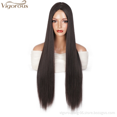 Vigorous Hot Selling In Stock Long Black Silky Straight Wave Middle Part Natural Hairline For Black Women Synthetic Hair Wigs